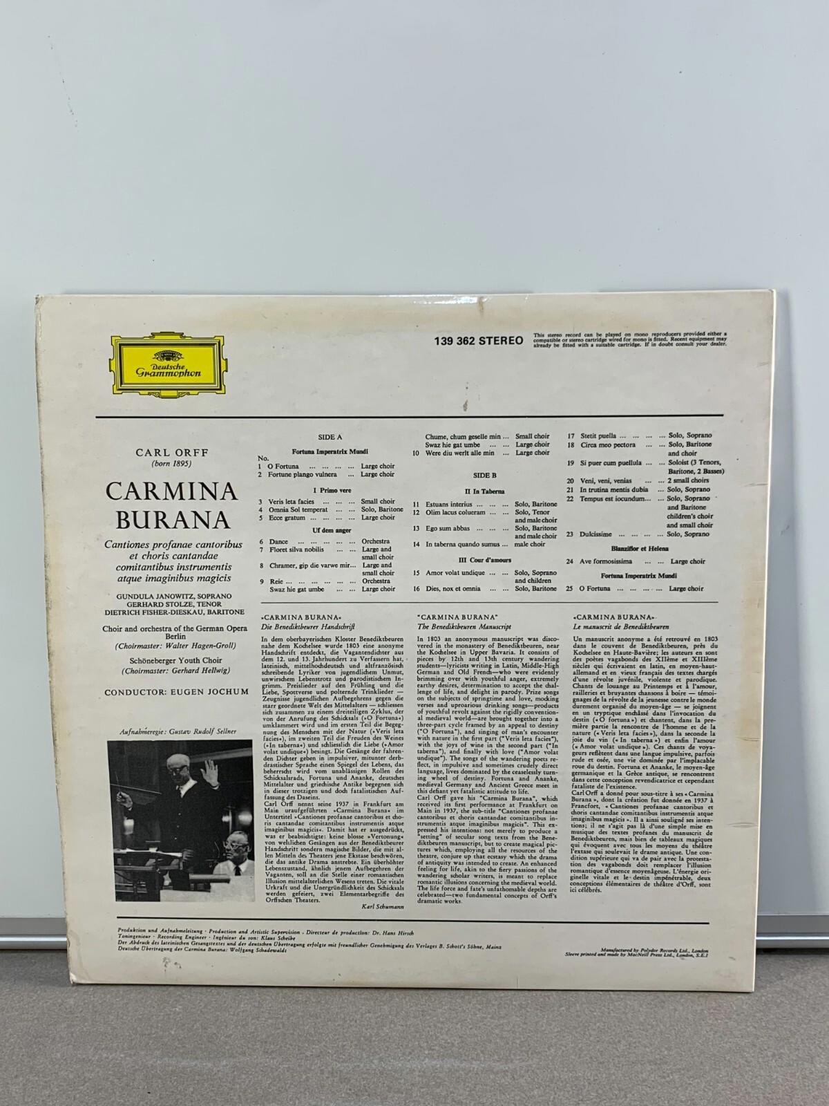 Carl Orff - Carmina Burana, Jochum, Deutsche Grammophon, vinyle LP - Janowitz, Dieskau