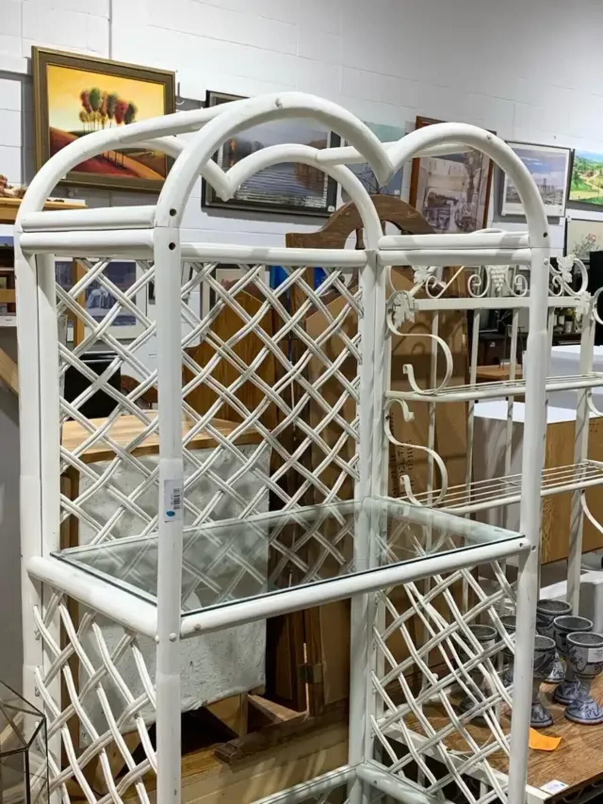 Large White Rattan Glass Shelf Unit