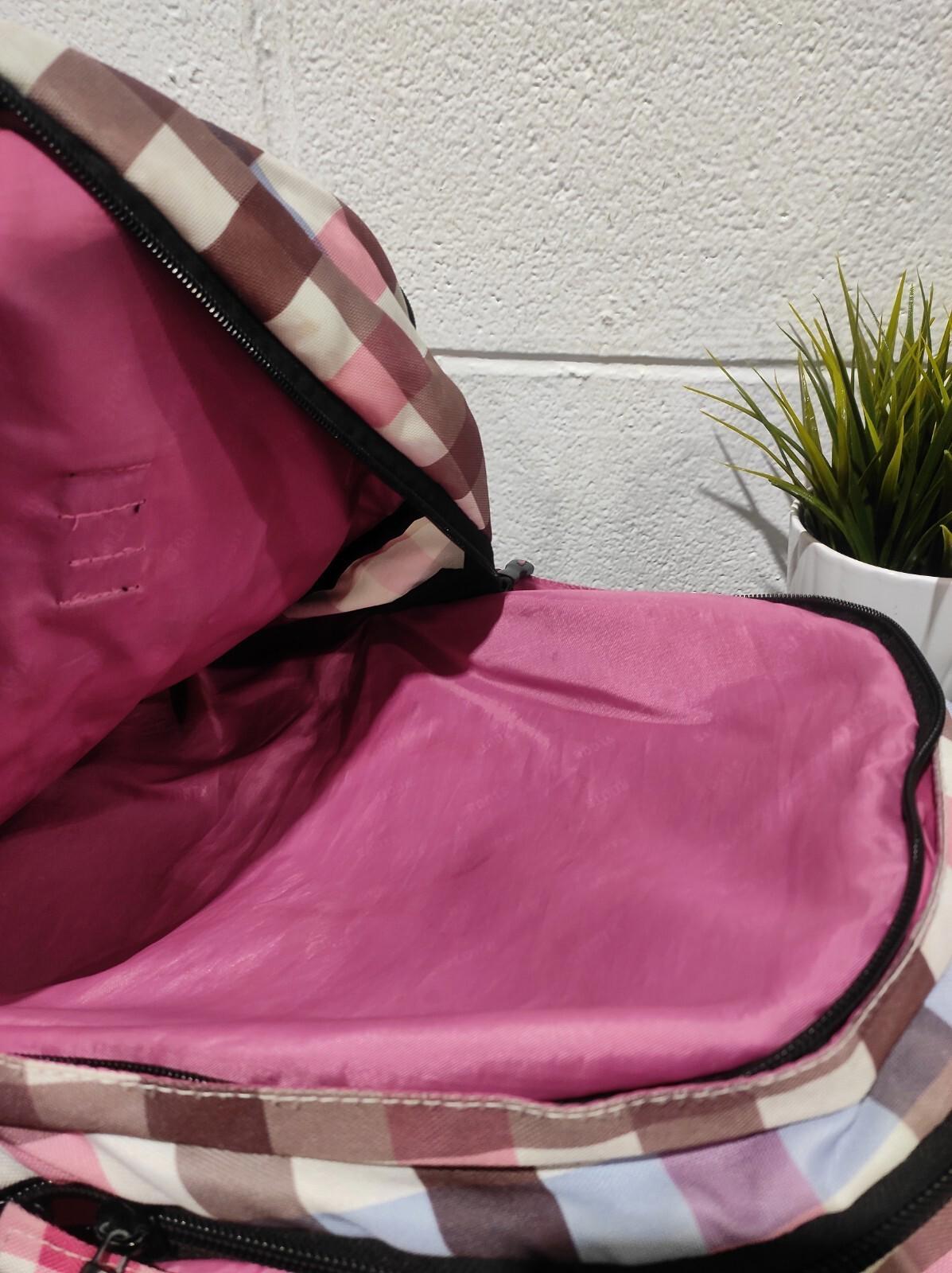 Roots Backpack Book Bag Plaid Pink Gray Black Pockets Zipped Beaver Bags