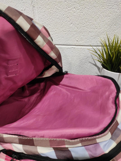 Roots Backpack Book Bag Plaid Pink Gray Black Pockets Zipped Beaver Bags