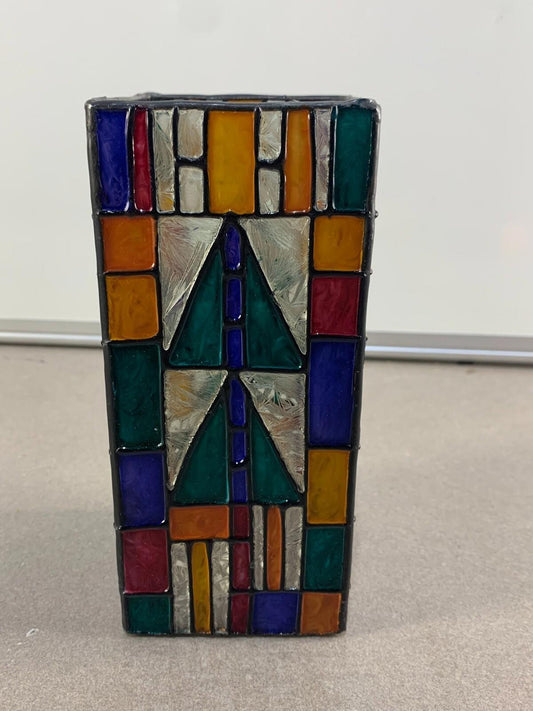 VTG Stain Glass Style Painted Votive Holder in Geometric Design Red Green Blue