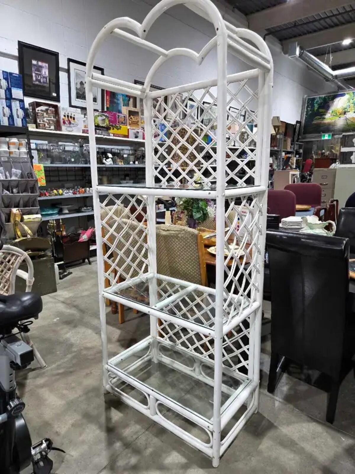 McGuire-Style Arched Cerused Rattan Étagère with 3 Glass Shelves