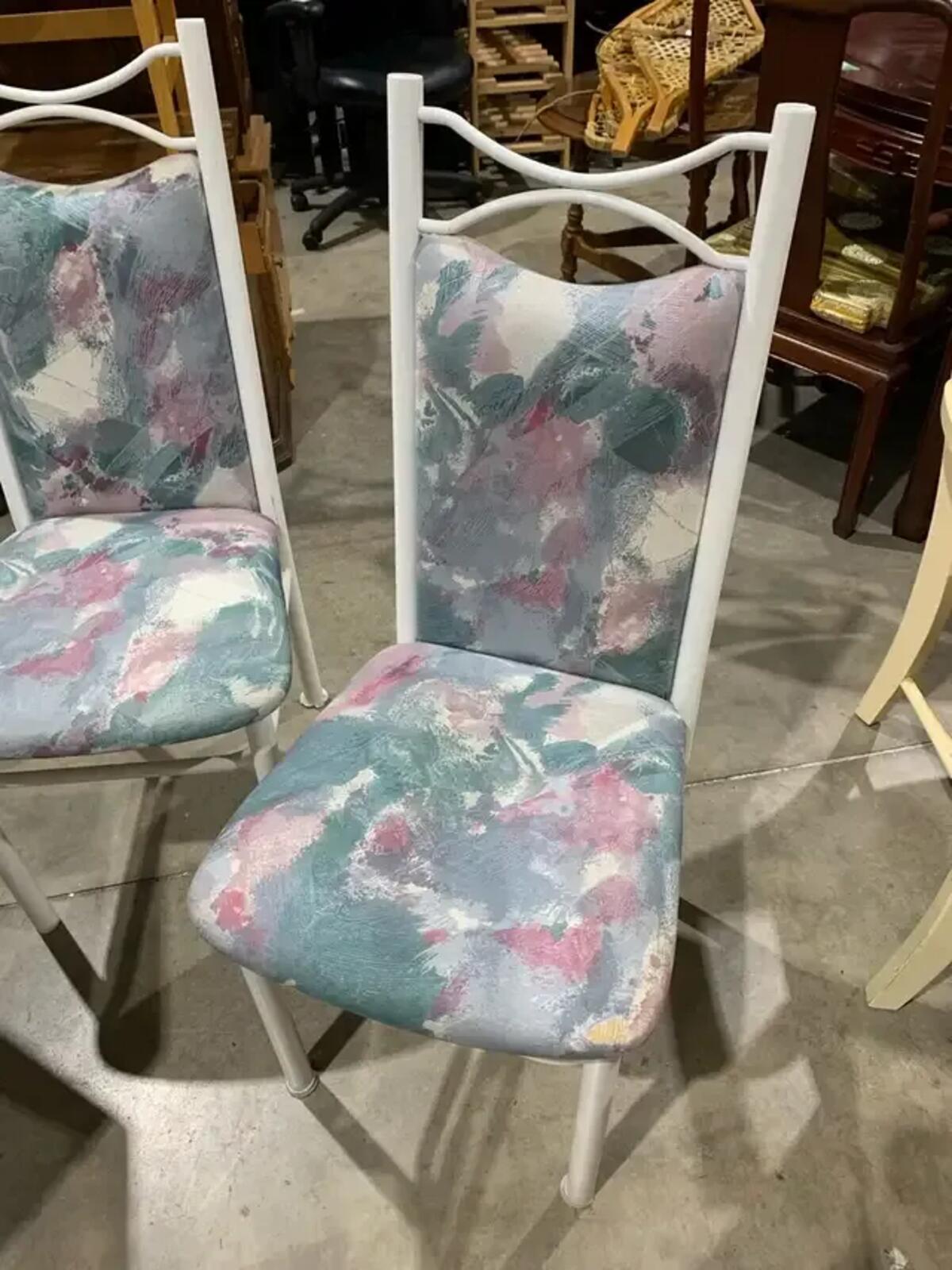 Pastel Vintage Print and White Metal Frame Chairs -set of 2