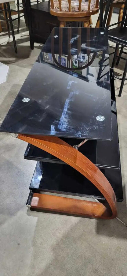 Tempered Black Glass Console Table with Wood Accents