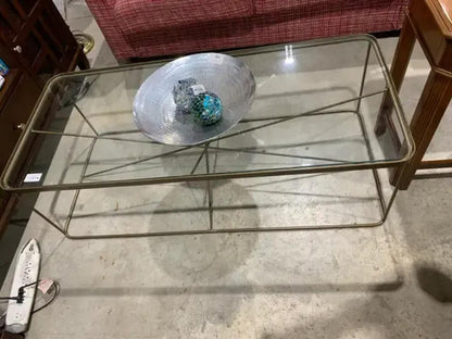 Glass Coffee Table with Indistrial Gold Bar Styled Trim