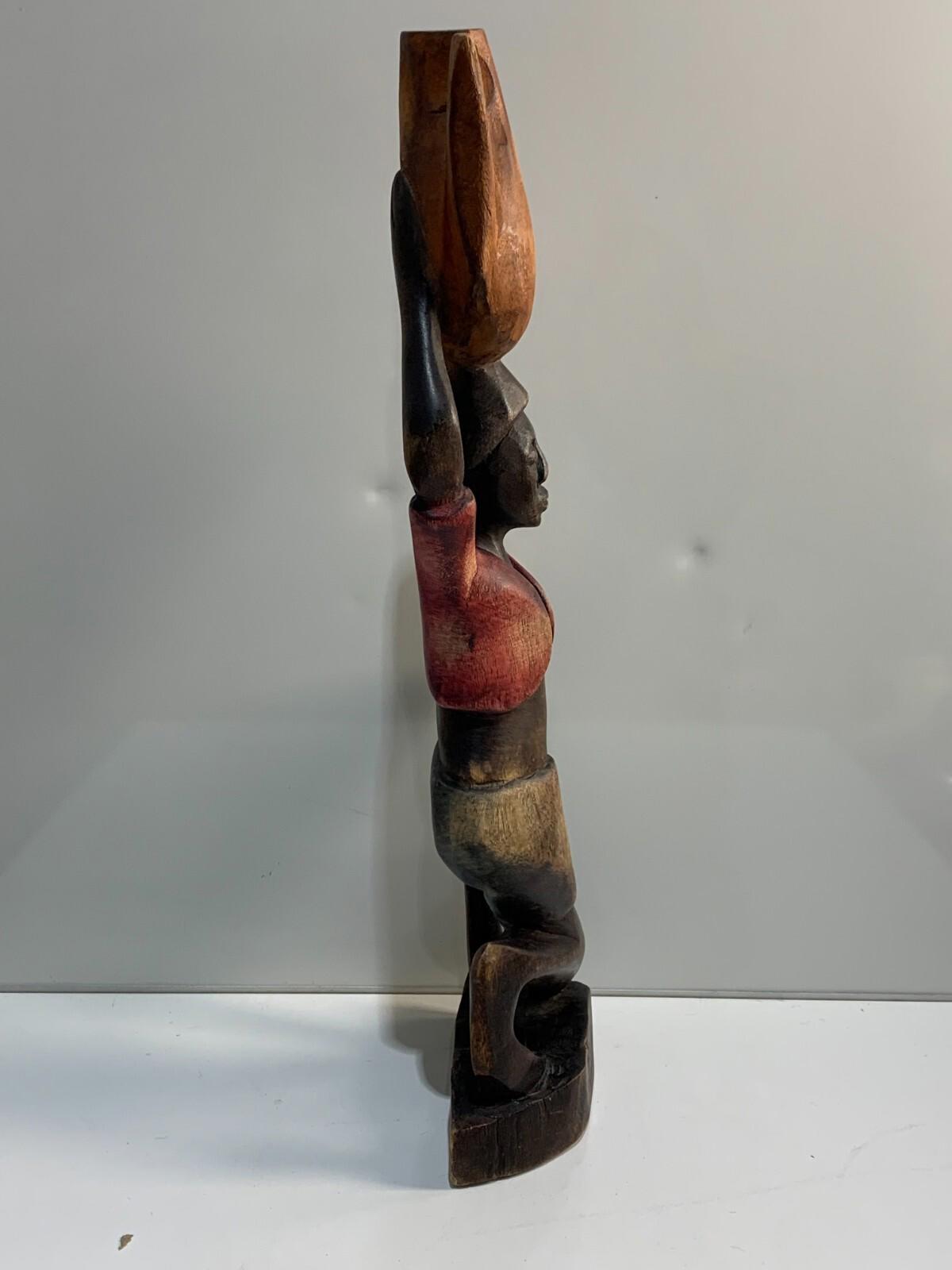 Vintage Hand Carved Wood Figure of Kneeling African Native Woman Holding Basket