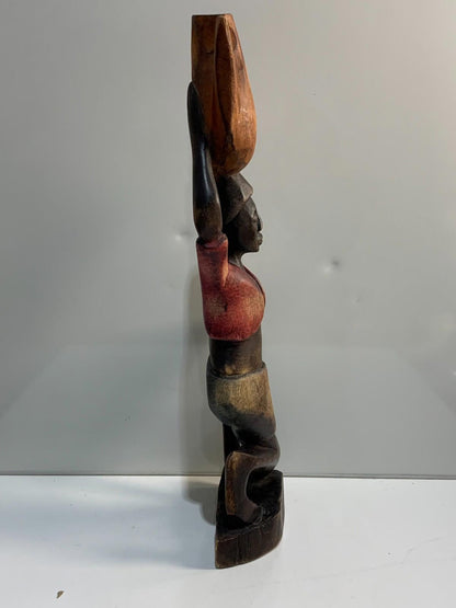 Vintage Hand Carved Wood Figure of Kneeling African Native Woman Holding Basket