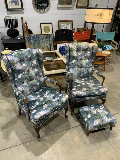 Blue Floral Wingback Chairs with footstool