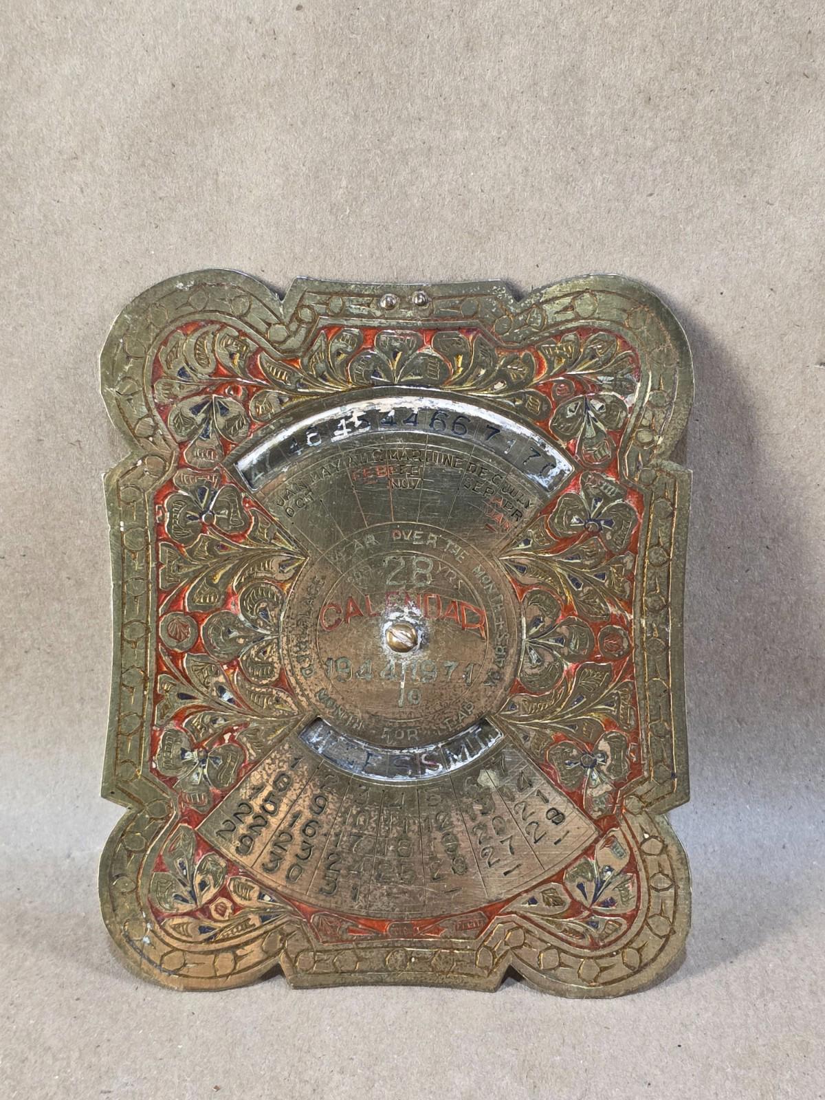 Vintage Embossed Brass Perpetual Desk Calendar; 28-Year Calendar 1944 to 1971