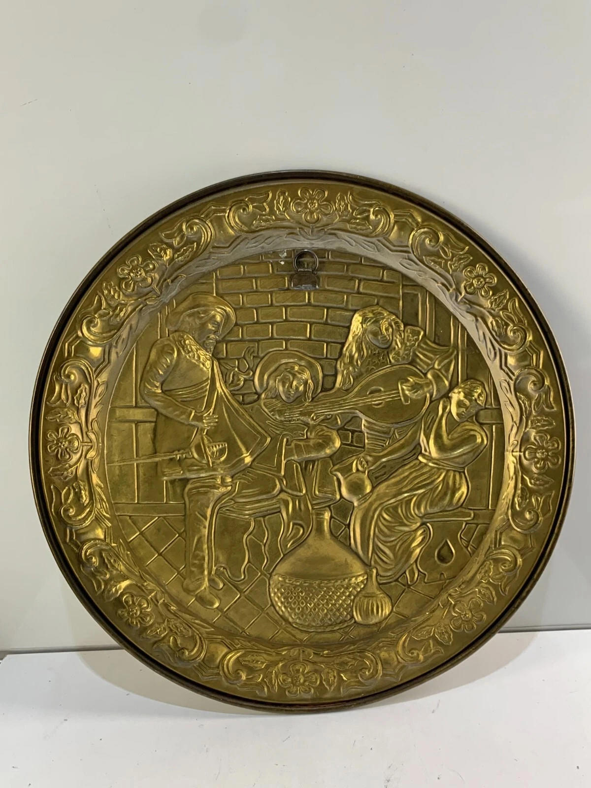 Brass Embossed Plate Pub Tavern Lute Scene Wall Hanging 16in England MCM S391