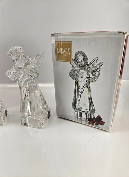 Lot of 2 - Mikasa Crystal Angel Playing Harp/Mand Herald 100% Lead Crystal 8"