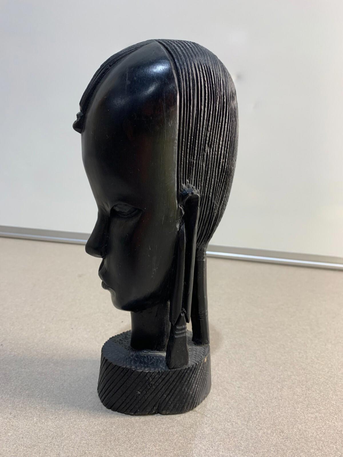 Ebony Wood Bust Carved African Art Tribal Warrior Head Sculpture.