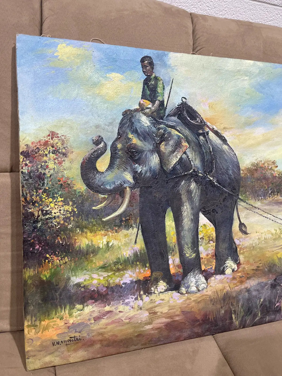 Vintage oil painting Asian elephant