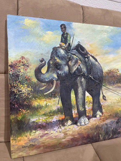 Vintage oil painting Asian elephant