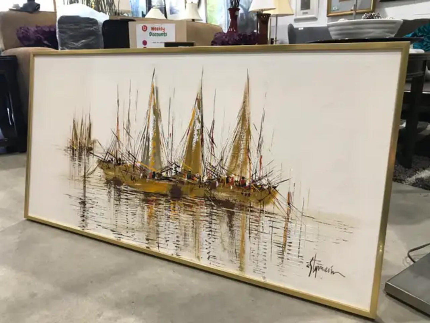 Large Gold Framed Boat Oil Painting