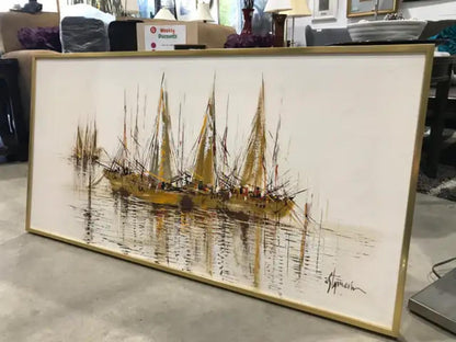 Large Gold Framed Boat Oil Painting