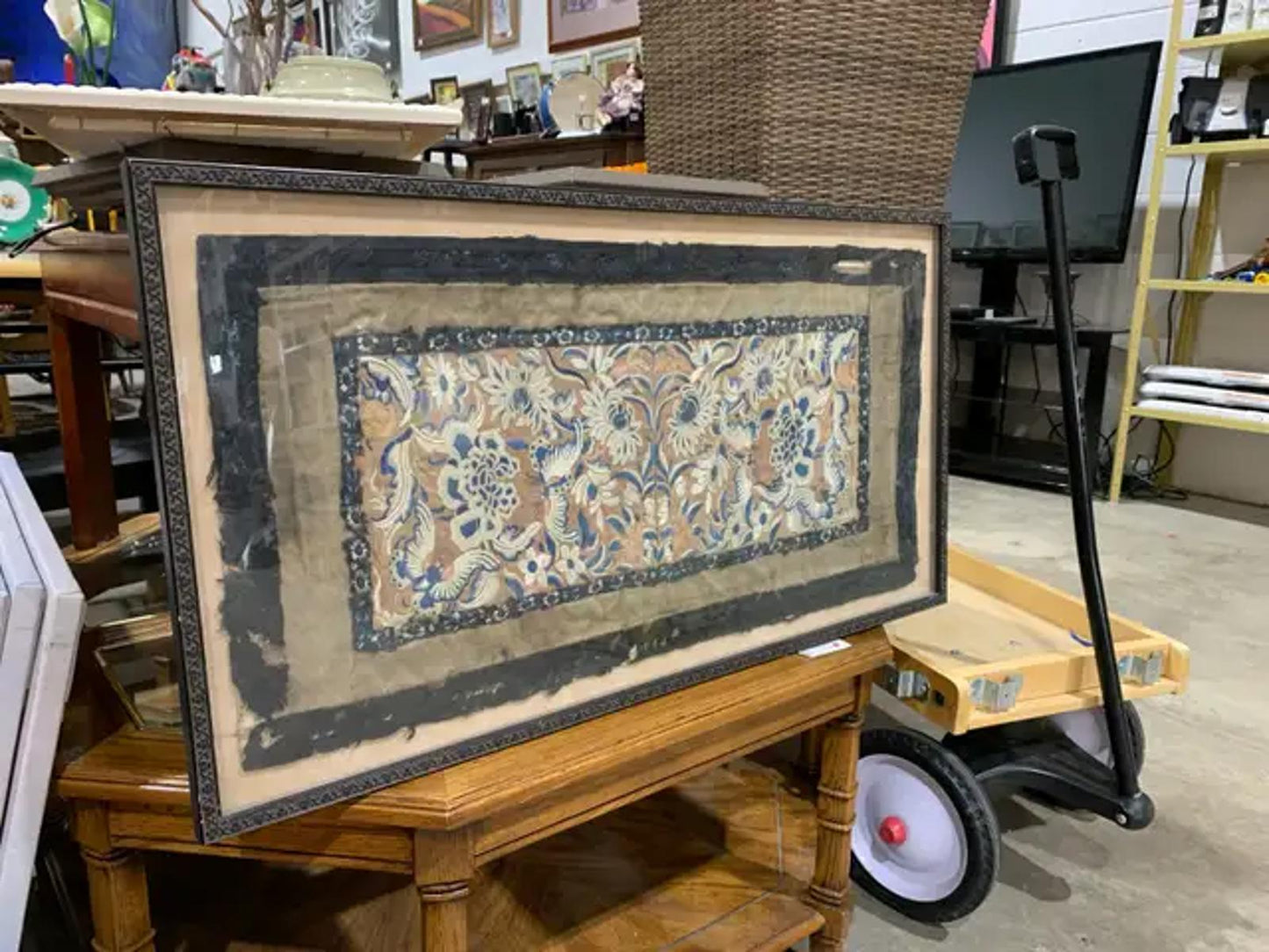 Framed Floral Embroidery preserved fabric