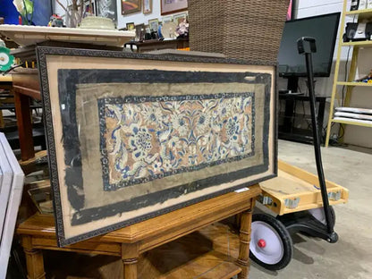Framed Floral Embroidery preserved fabric