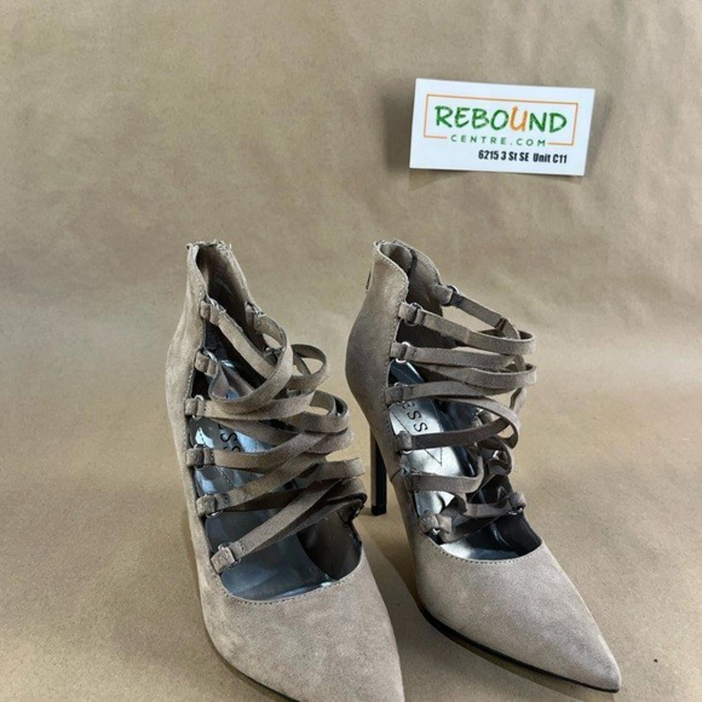 Guess Beige Suede Pointed-Toe Strappy Stiletto Heels (Size US 6.5)