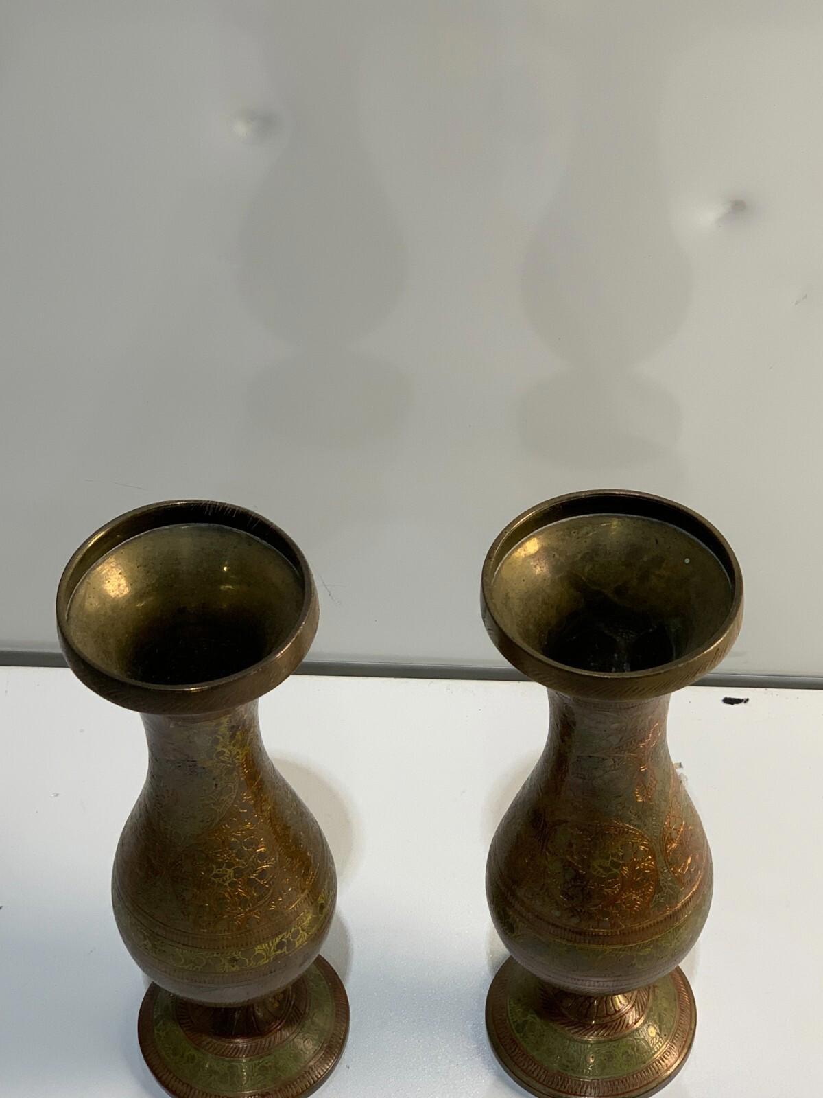 Pair of Vintage Bronze Asian Design Painted Vase