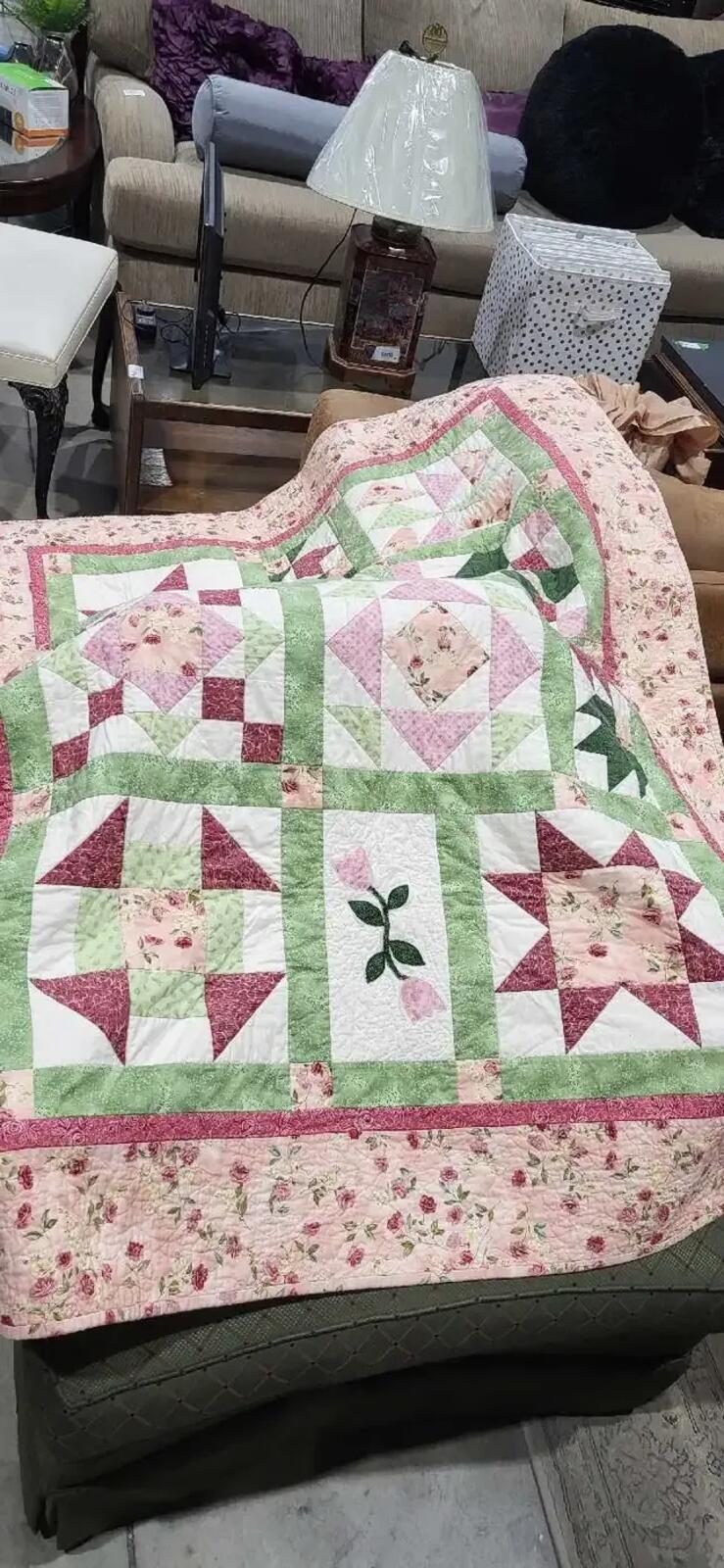 Hand Made Pink Floral Patchwork Floral Quilt
