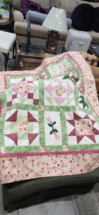 Hand Made Pink Floral Patchwork Floral Quilt