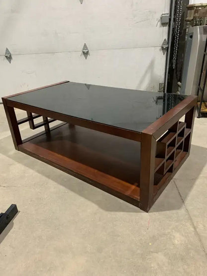 Wooden Black Glass Top Coffee Table with Geometric Design