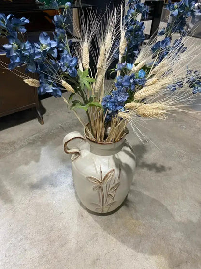 Mid-Century Modern Style Glazed Pottery Vase with Blue Flowers