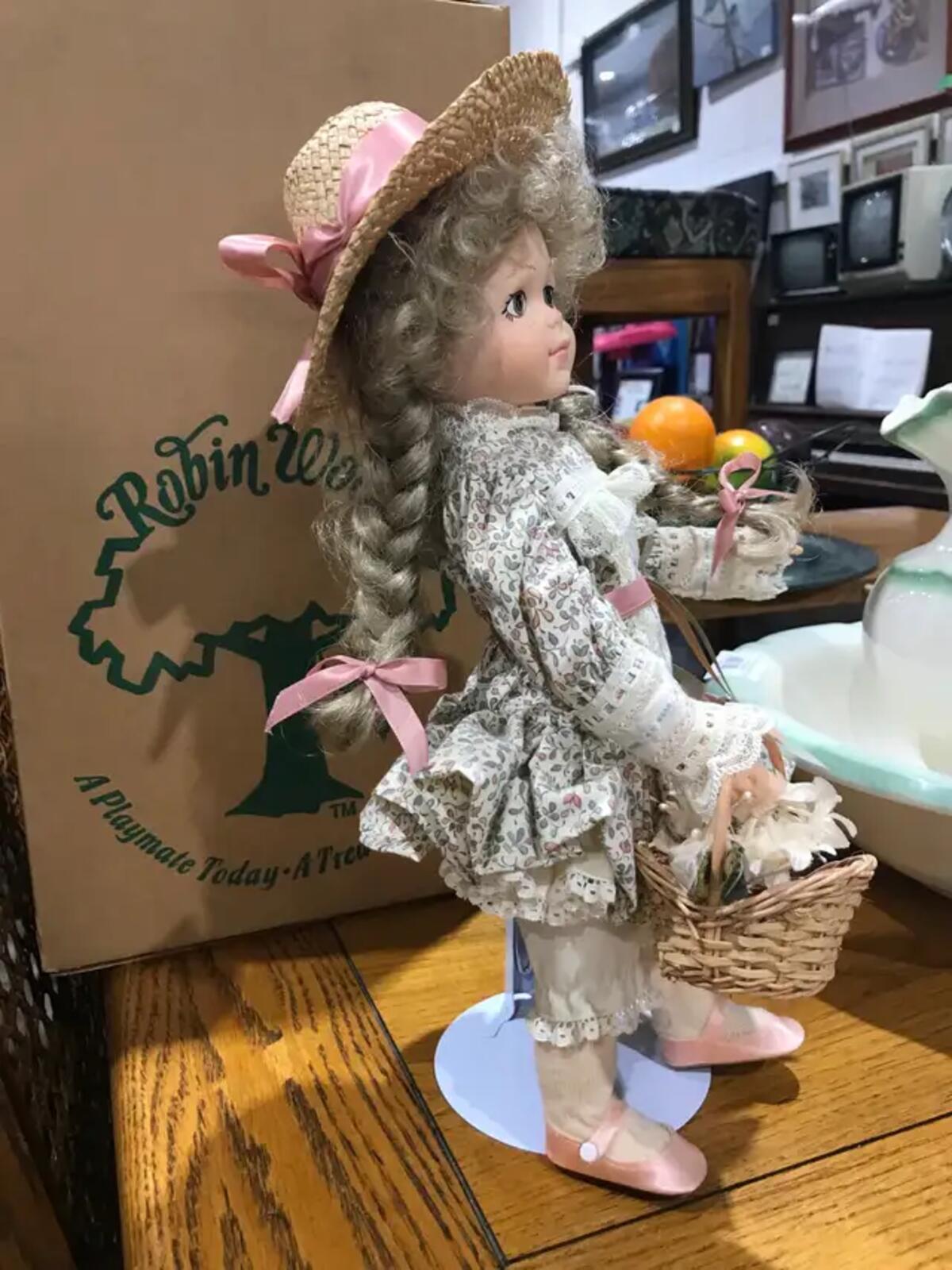 1987 Robin Woods Doll with Flower Basket and Straw Hat 15”