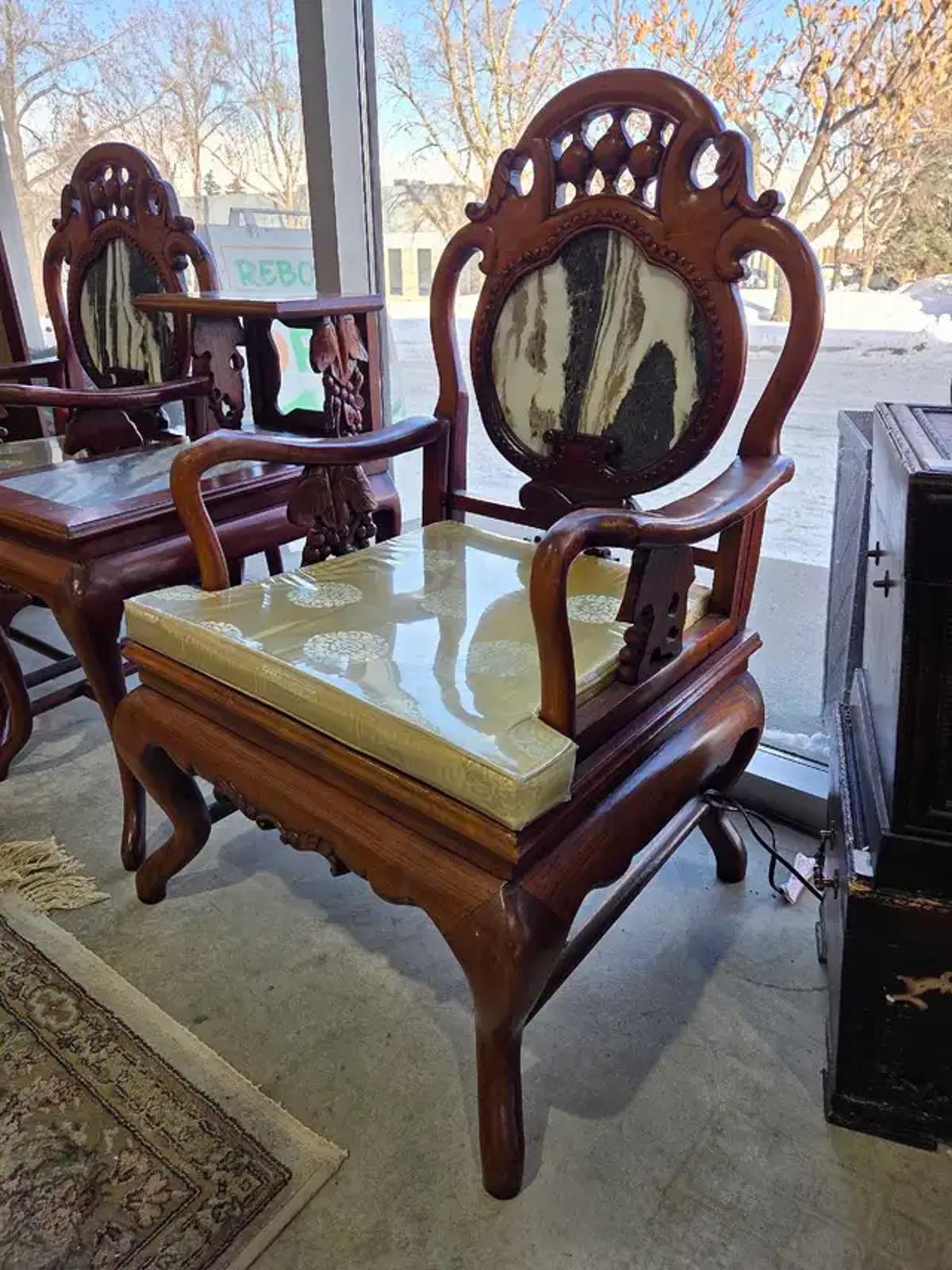 Chinese Carved Chairs and Table with Marble