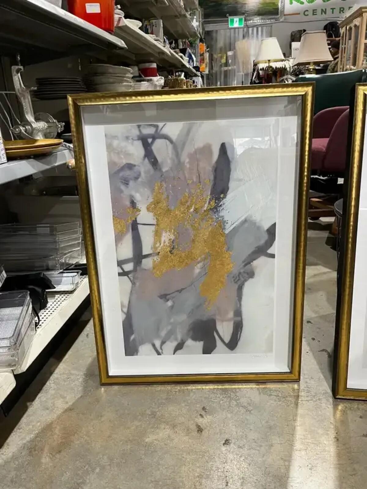 Set of 2 Framed Abstart Gold and Grey Art