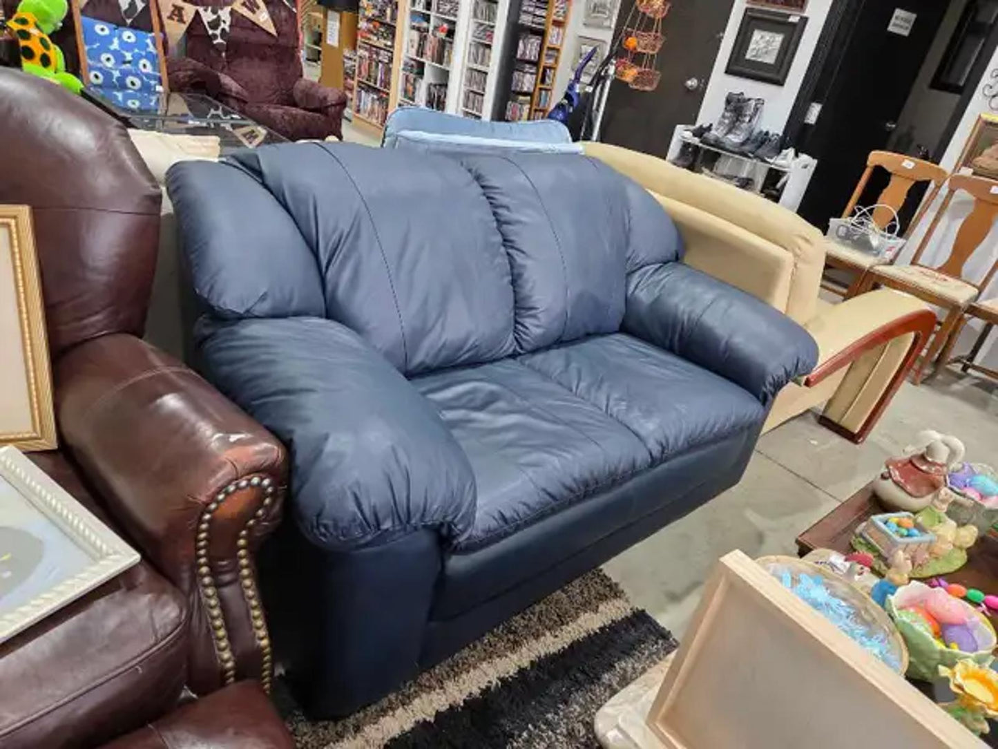 Navy Blue Leather Loveseat