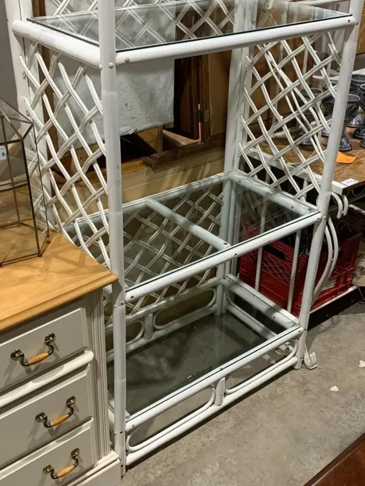 Large White Rattan Glass Shelf Unit