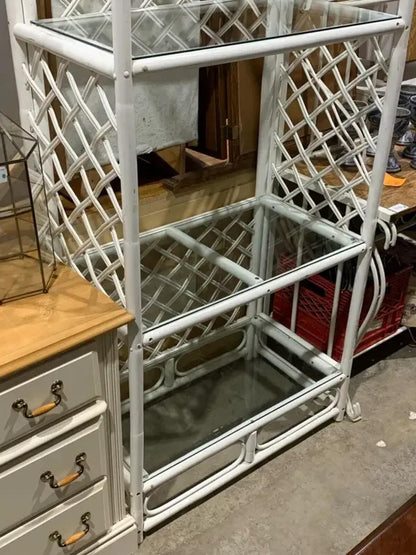 Large White Rattan Glass Shelf Unit