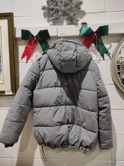 George Grey Hooded Pockets Long Sleeves Puffer Coat Jacket Size-XL
