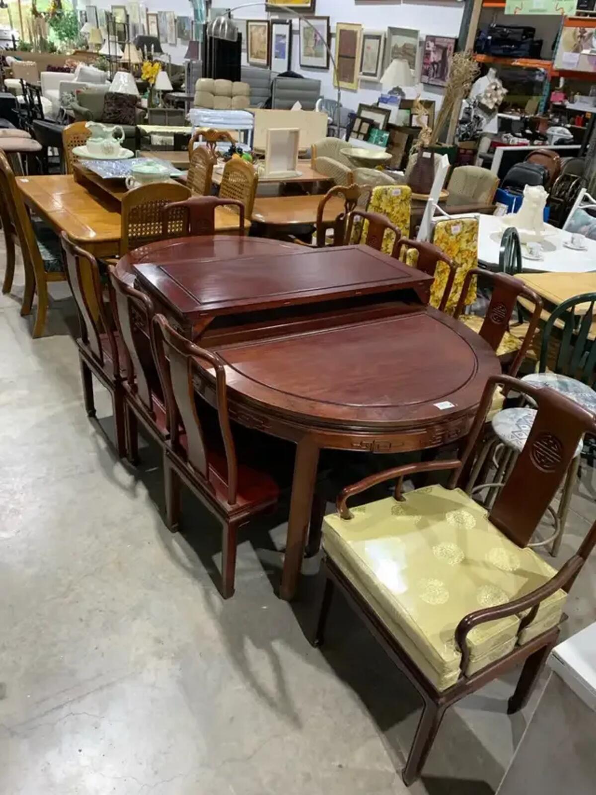 Chinese Hardwood Dining Table and Chairs Longevity Symbol