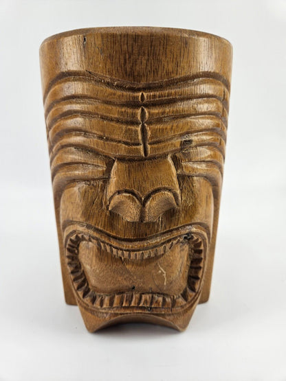 Tiki Hand Carved Wood Tankard Stein 8"