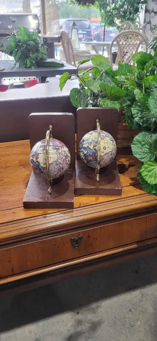 Pair of Decorative Mini Globe Bookends with Wooden Bases