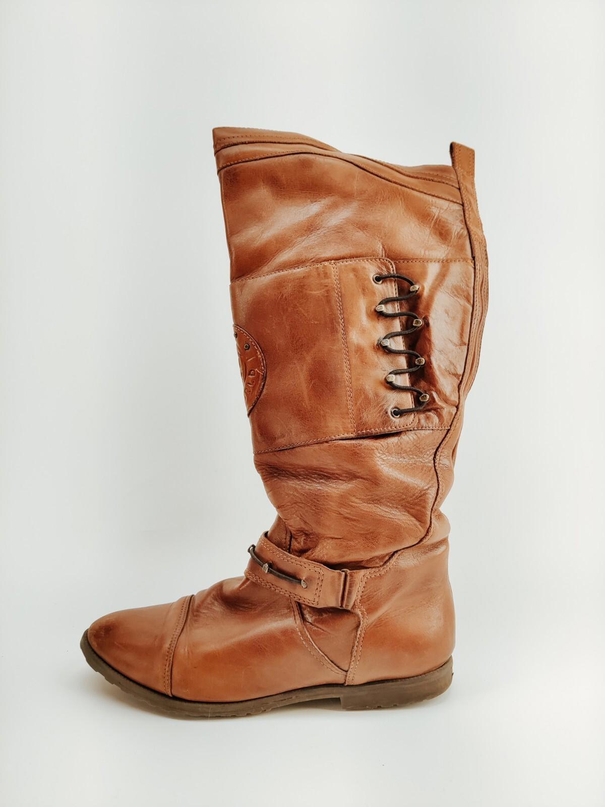 Bottes vintage Wild World en cuir marron avec détails à lacets, taille 38 femme