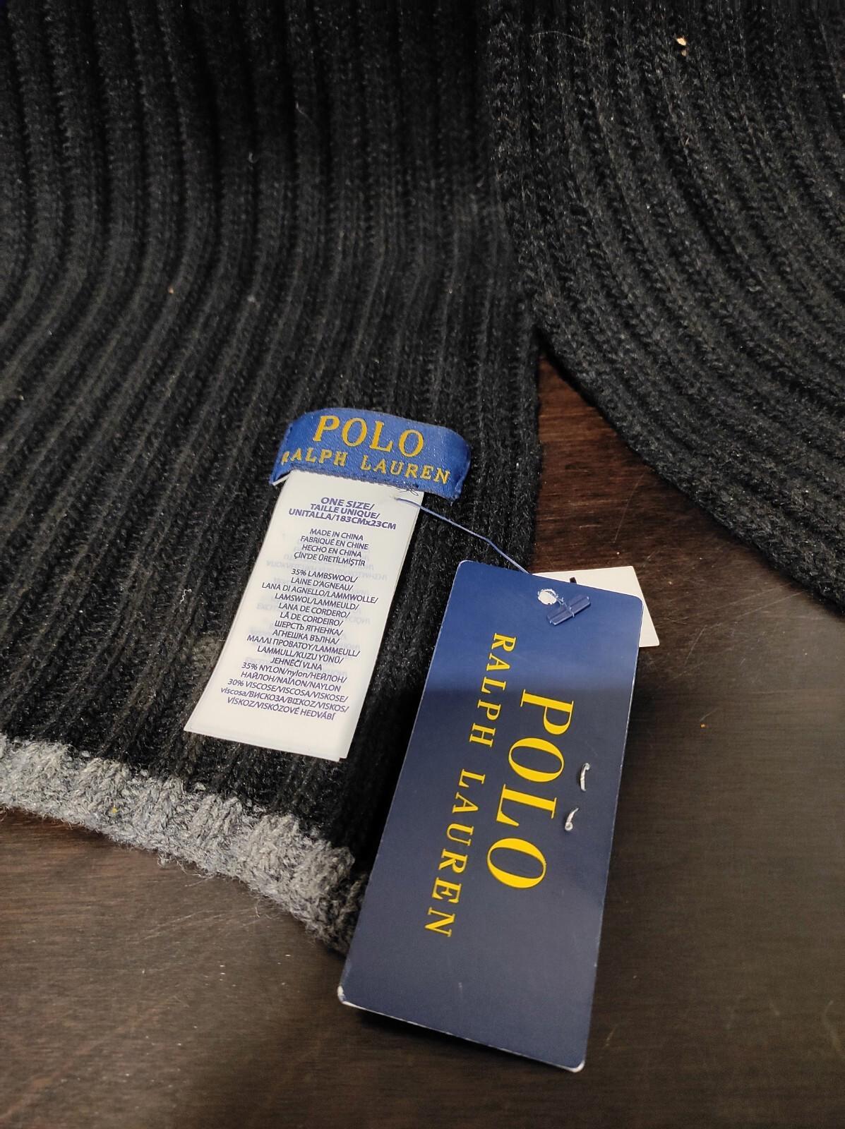 NWT Polo Ralph Lauren Men's Black 35% LambsWool Classic Ribbed Knit Logo Scarf