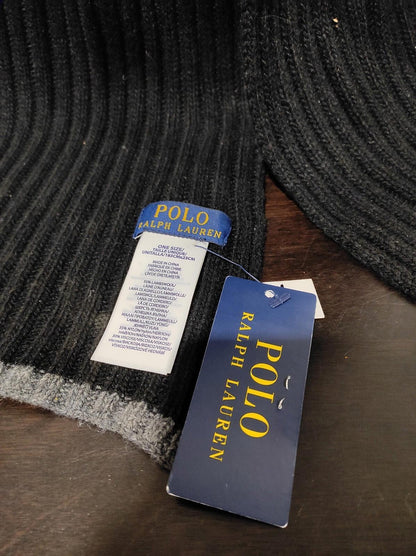 NWT Polo Ralph Lauren Men's Black 35% LambsWool Classic Ribbed Knit Logo Scarf
