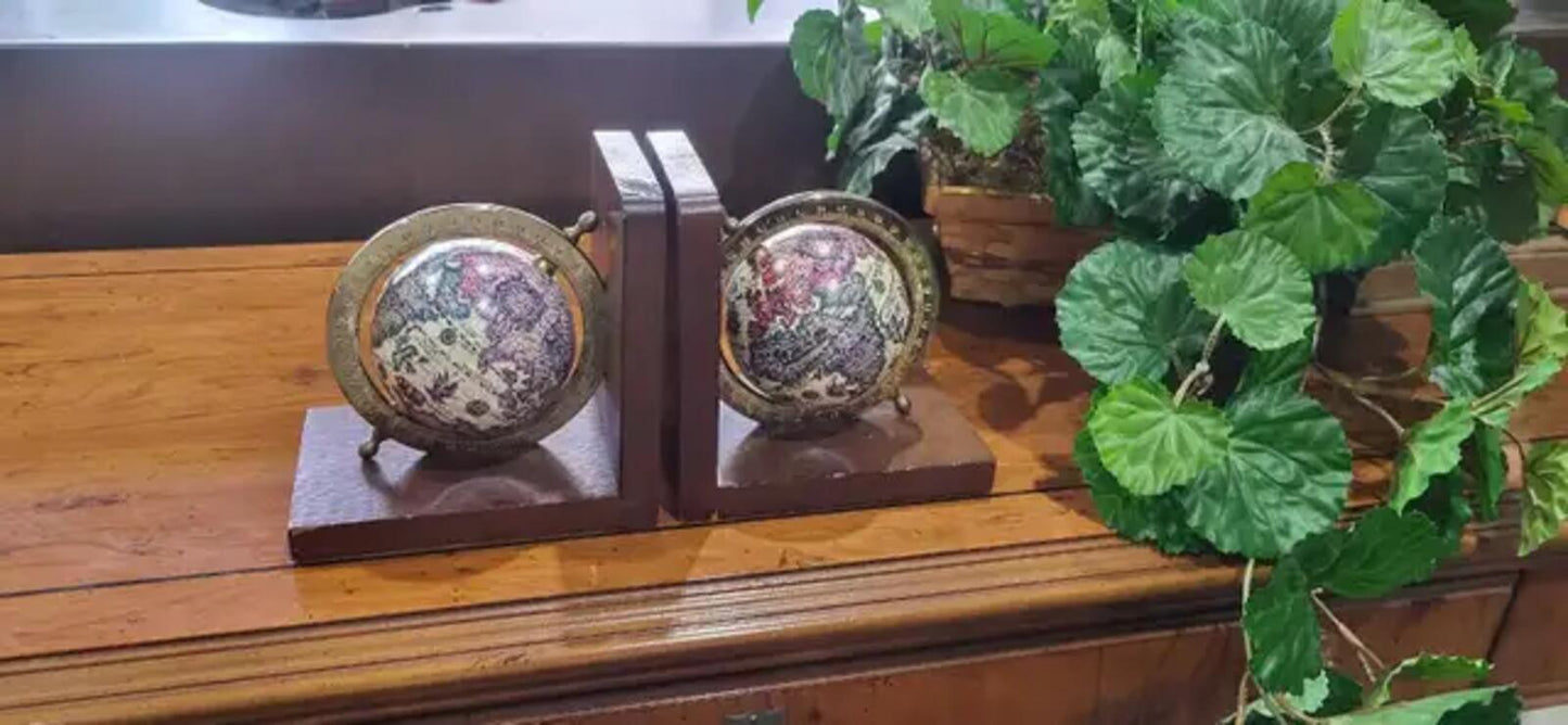 Pair of Decorative Mini Globe Bookends with Wooden Bases