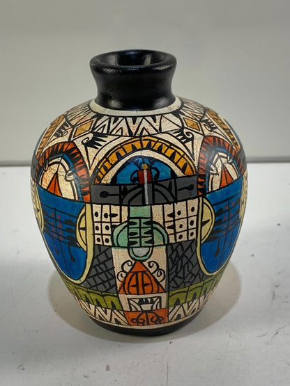 Hand painted tribal pottery vase geometric patterns abstract colors