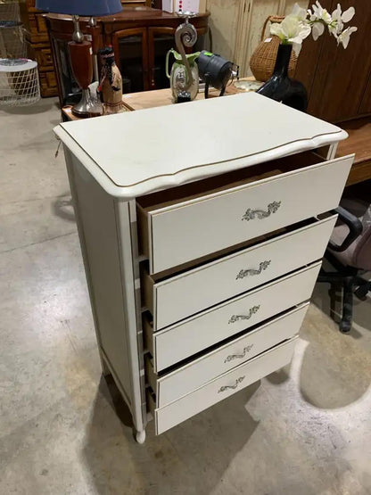 Tall White Vinatge Dresser with gold detail