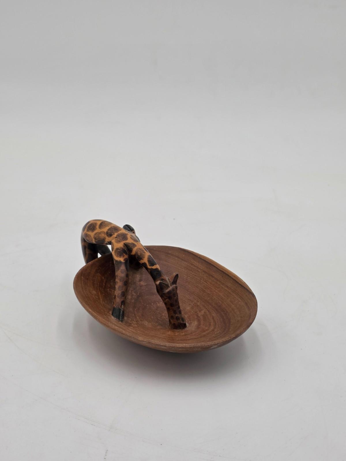African Art Hand Carved Wood Bowl Giraffe Drinking Jewlery Ring Trinket Dish
