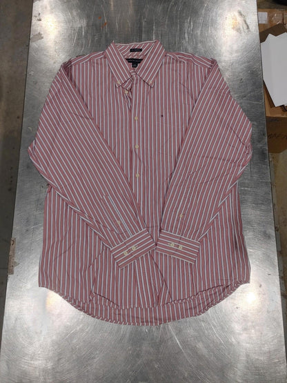 Excellent Condition Tommy Hilfiger Red Striped Button Shirt Size L 80's 2 ply