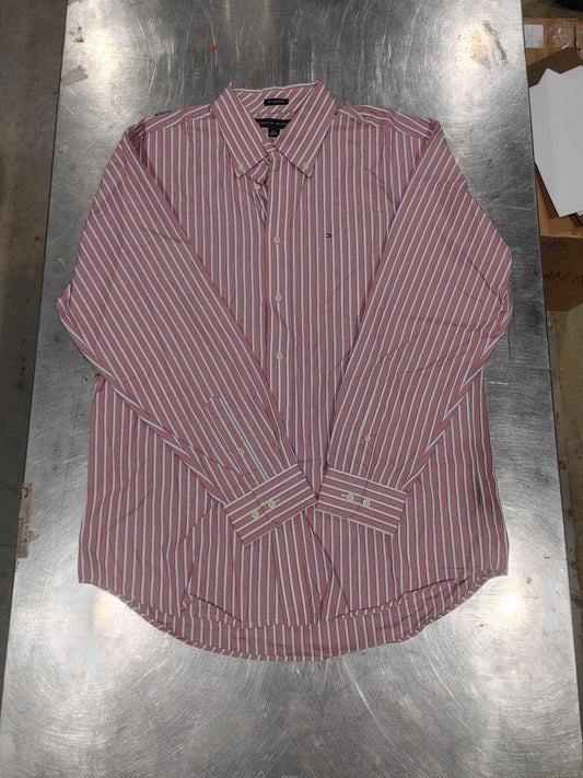 Excellent Condition Tommy Hilfiger Red Striped Button Shirt Size L 80's 2 ply