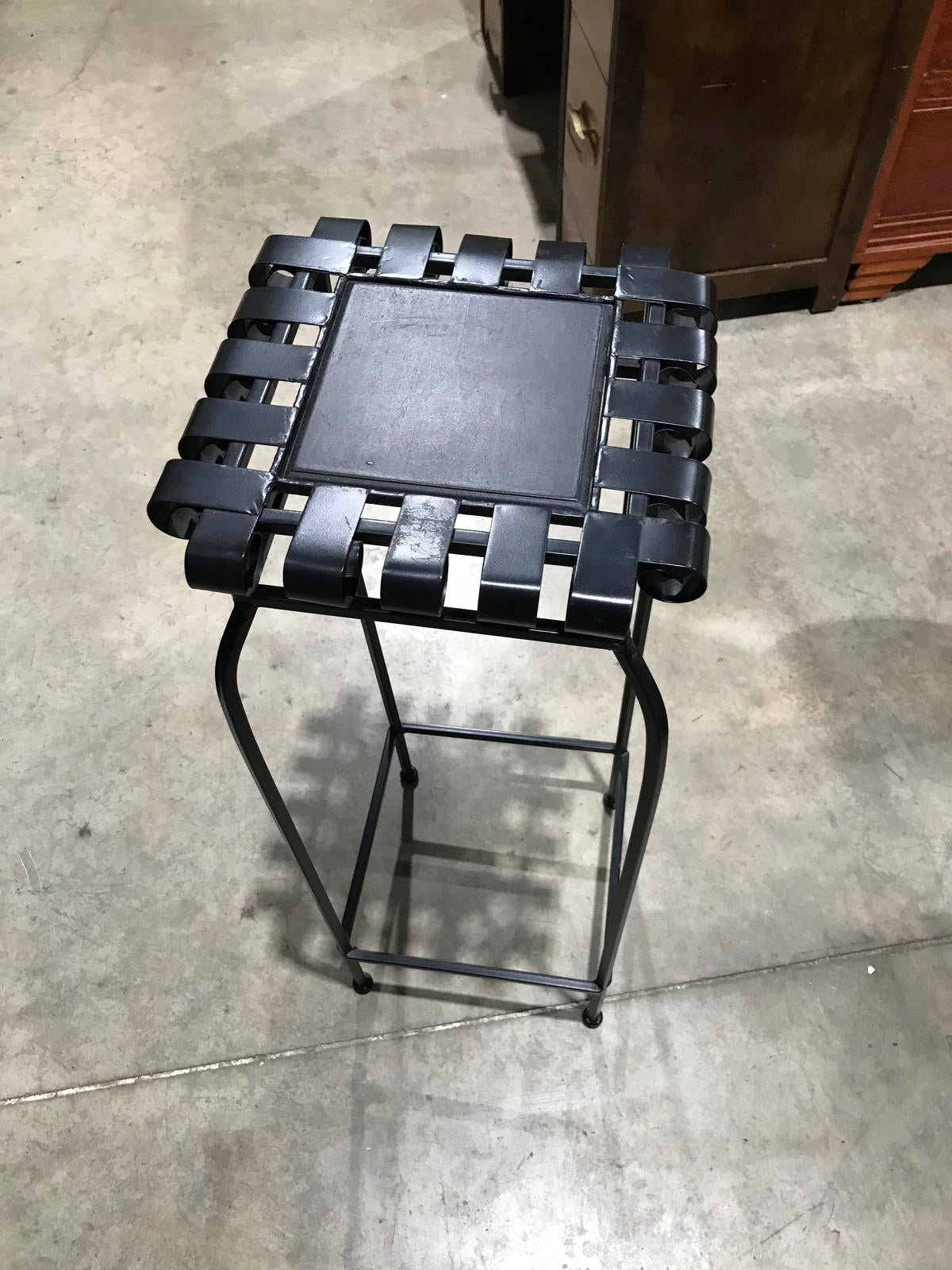 Black Metal Plant Stand with Pattern Top (30"H x 12"W x 12"D)