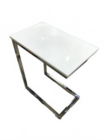 Modern White Marble and Chrome Side Table (27"H x 22"W x 13.5"D)