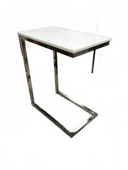 Modern White Marble and Chrome Side Table (27"H x 22"W x 13.5"D)